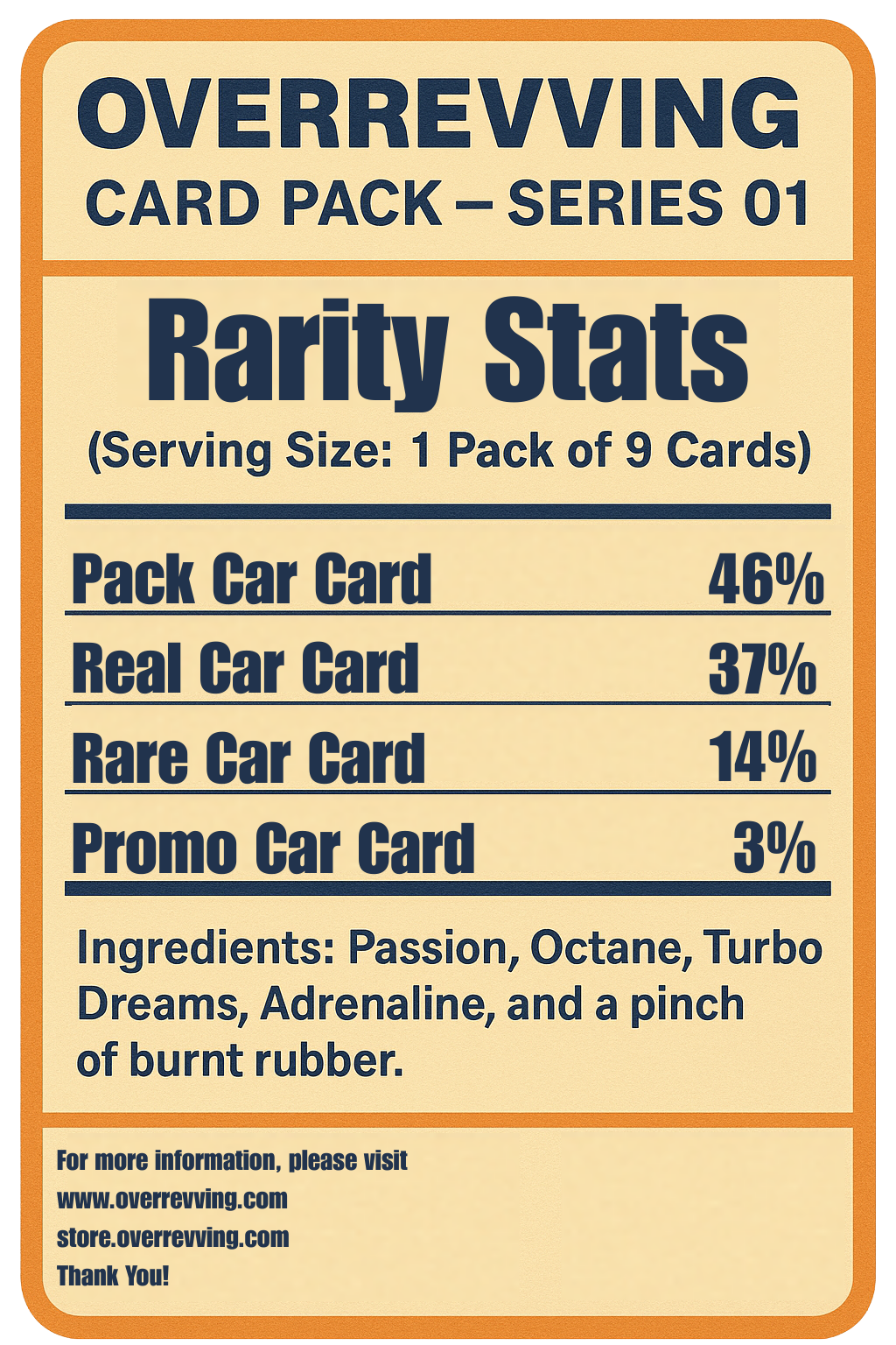 OverRevving pack back showing Pack 46%, Real 37%, Rare 14%, Promo 3%